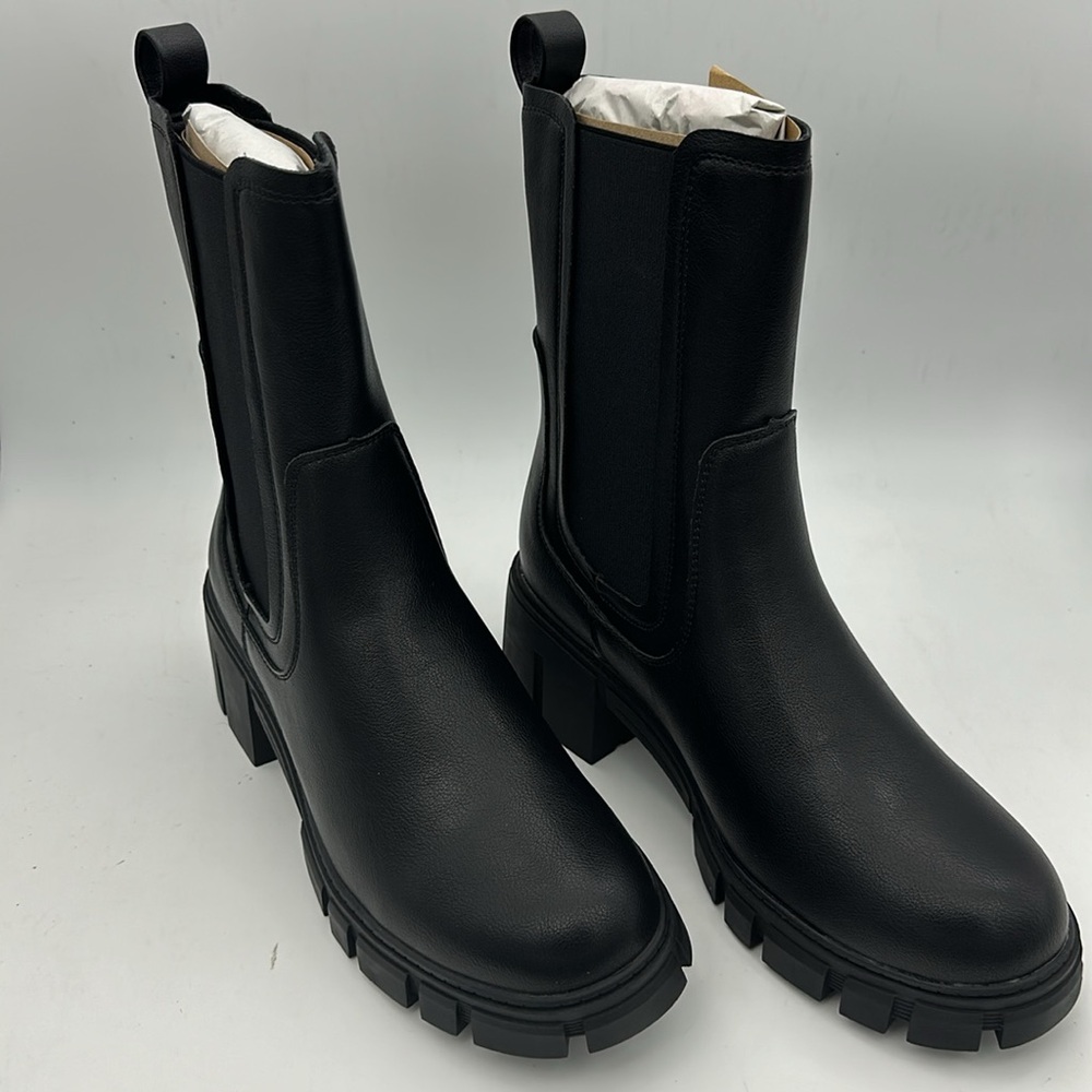 Women's Lug Sole Platform Boots Mid Calf Elastic Chunky Block Heel